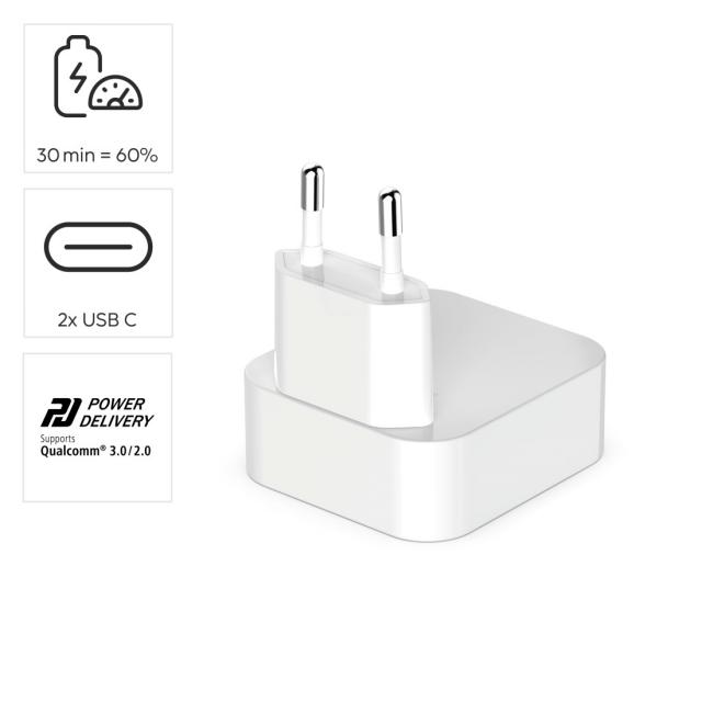 Hama Fast Charger, GaN, 2x USB-C, Folding Mini Charger, PD, 40 W, white 