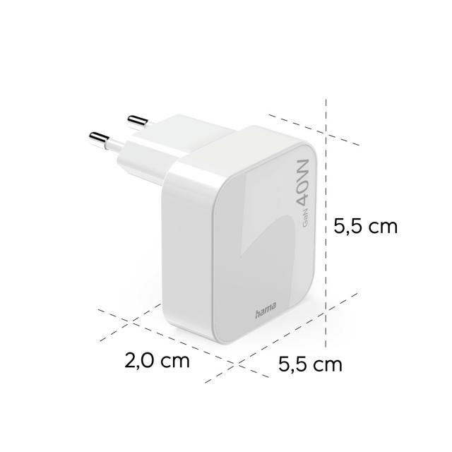 Hama Fast Charger, GaN, 2x USB-C, Folding Mini Charger, PD, 40 W, white 