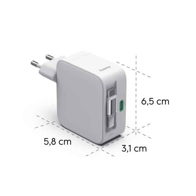 HAMA Бързо зарядно, 30 W, GaN, 2x USB-C, с разтегателен кабел 0.7м, бял 