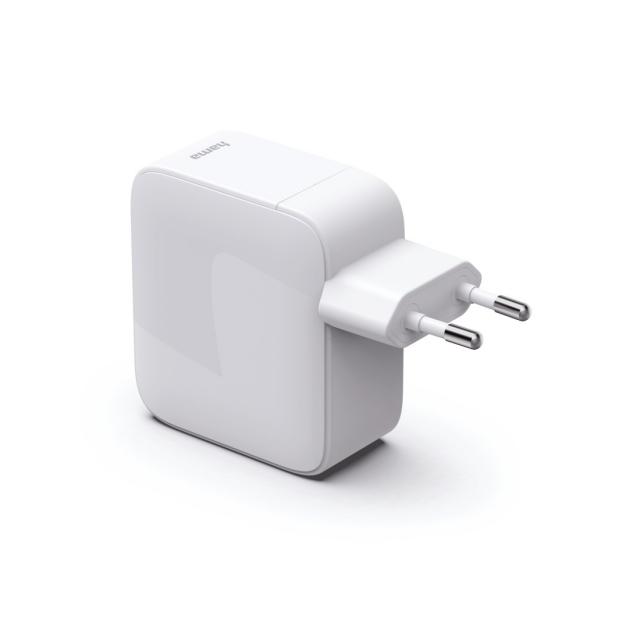 HAMA Бързо зарядно, 65 W, GaN, 2x USB-C, с разтегателен кабел 0.7м, бял 