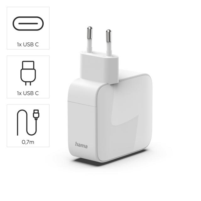 HAMA Бързо зарядно, 65 W, GaN, 2x USB-C, с разтегателен кабел 0.7м, бял 