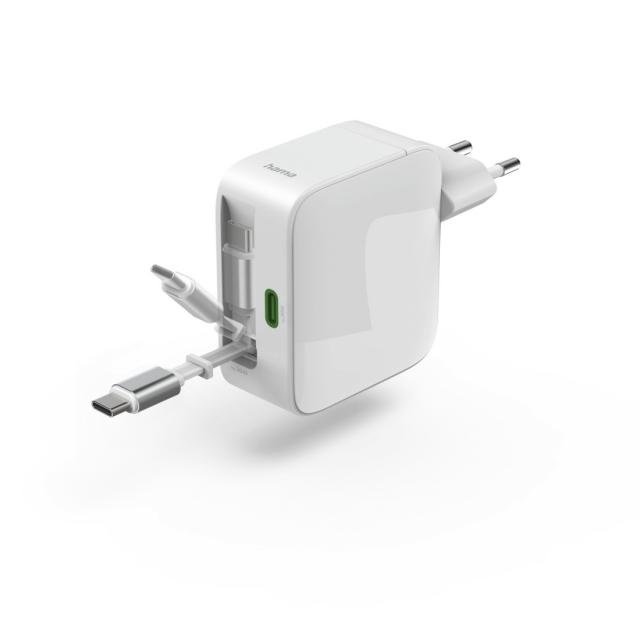 HAMA Бързо зарядно, 65 W, GaN, 2x USB-C, с разтегателен кабел 0.7м, бял 