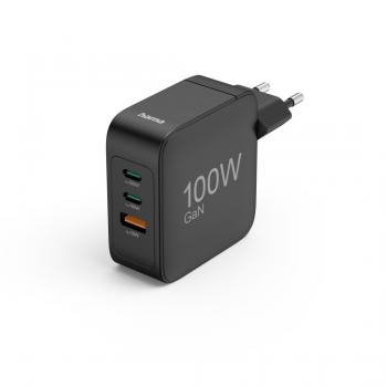 HAMA Бързо зарядно GaN, 2x USB-C, 1x USB-A, PD, 100 W, черно