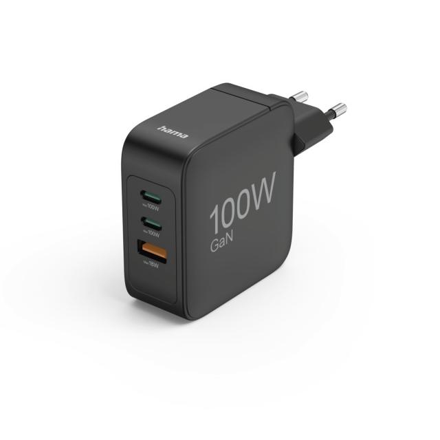 HAMA Бързо зарядно GaN, 2x USB-C, 1x USB-A, PD, 100 W, черно 
