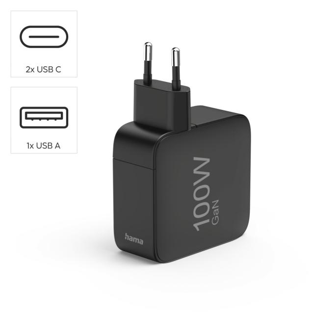 HAMA Бързо зарядно GaN, 2x USB-C, 1x USB-A, PD, 100 W, черно 