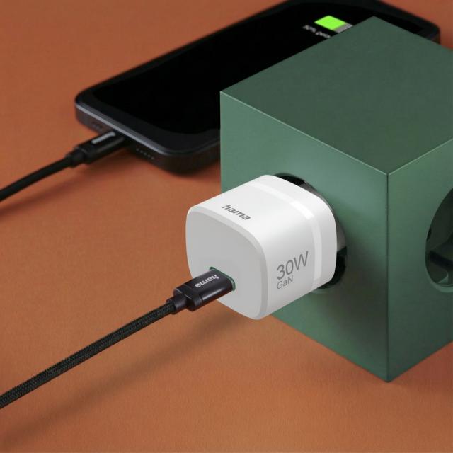 HAMA Зарядно устройство, 30 W, GaN, USB-C, PD/Qualcomm®, Zero Standby, бяло 