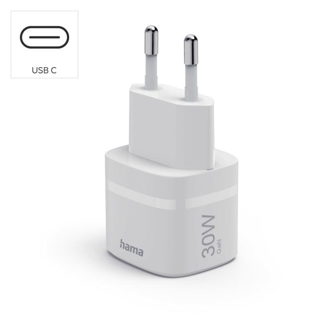HAMA Зарядно устройство, 30 W, GaN, USB-C, PD/Qualcomm®, Zero Standby, бяло 