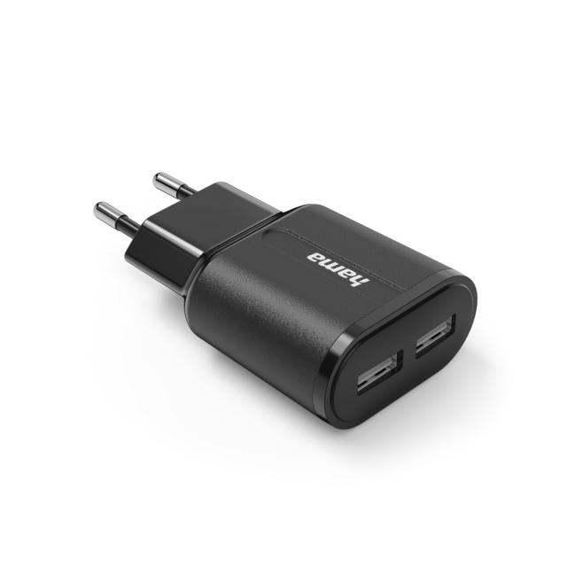 Зарядно HAMA 220V, 2 x USB-A, 12W, Черен 