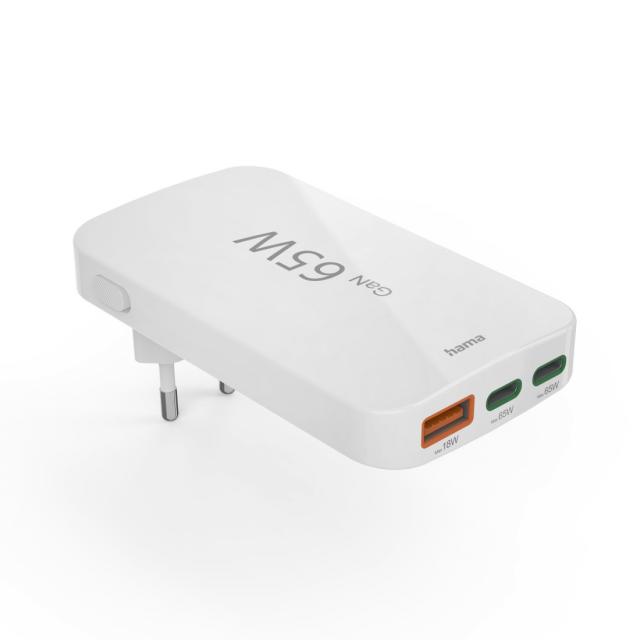HAMA Бързо мини зарядно, 65W, 2x USB-C, 1x USB-A, PD, плоско, бяло 