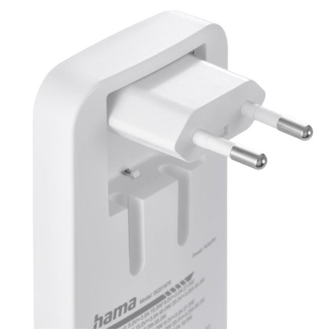 HAMA Бързо мини зарядно, 65W, 2x USB-C, 1x USB-A, PD, плоско, бяло 