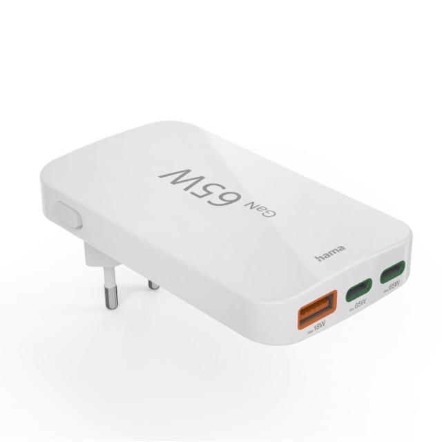 HAMA Бързо мини зарядно, 65W, 2x USB-C, 1x USB-A, PD, плоско, бяло 