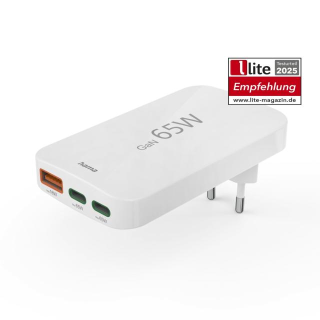 HAMA Бързо мини зарядно, 65W, 2x USB-C, 1x USB-A, PD, плоско, бяло 