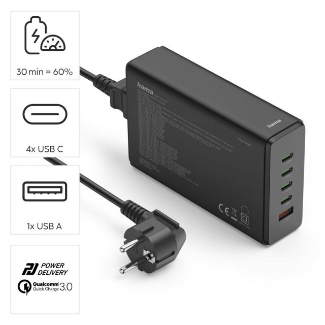 Hama 5 Port USB Charging Station, GaN, Fast Charger, 4xUSB-C, 1xUSB-A, PD, 240 W 