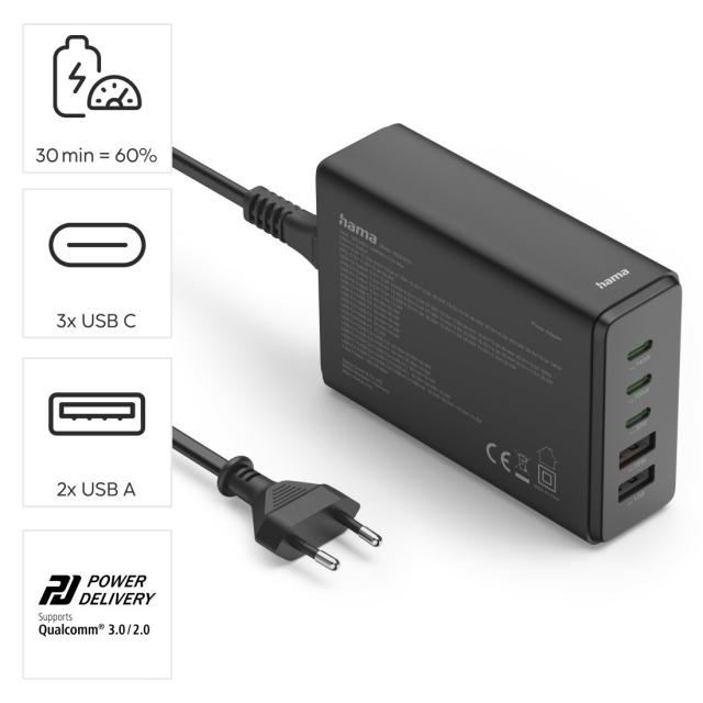 Hama 5-Port USB Charging Station, GaN, Fast Charger, 3xUSB-C, 2xUSB-A, PD, 140 W 