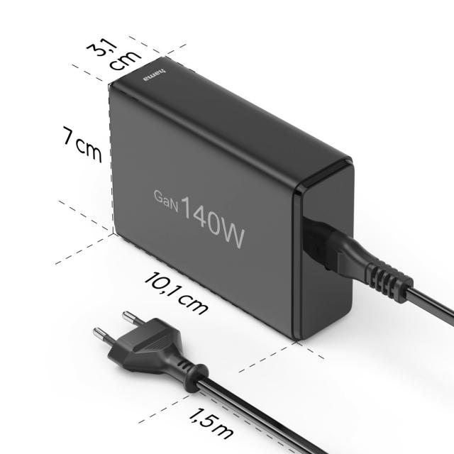 Hama 5-Port USB Charging Station, GaN, Fast Charger, 3xUSB-C, 2xUSB-A, PD, 140 W 