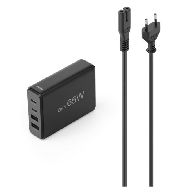 Hama 4-Port USB Charging Station, GaN, Fast Charger, 2xUSB-C, 2xUSB-A, PD, 65 W 