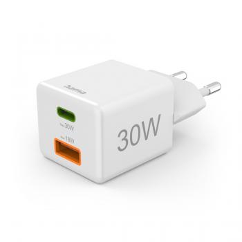 Hama Fast Charger, 1x USB-C, 1x USB-A, Mini Charger, PD, 30 W, white