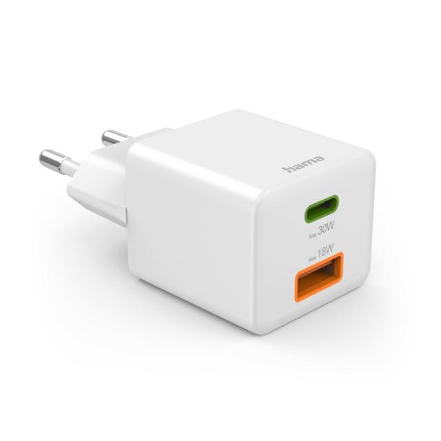 HAMA Бързо мини Gan зарядно, 30 W, 1x USB-C, 1x USB-A, PD, бял 