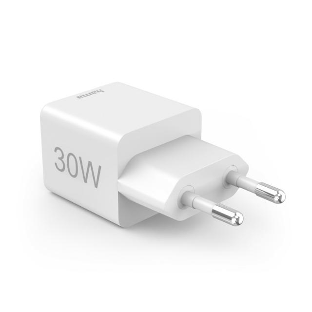 HAMA Бързо мини Gan зарядно, 30 W, 1x USB-C, 1x USB-A, PD, бял 