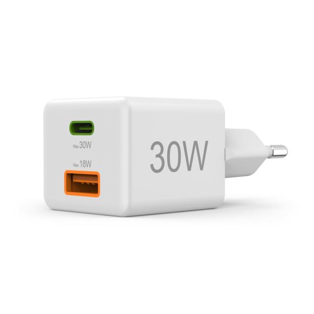 HAMA Бързо мини Gan зарядно, 30 W, 1x USB-C, 1x USB-A, PD, бял 