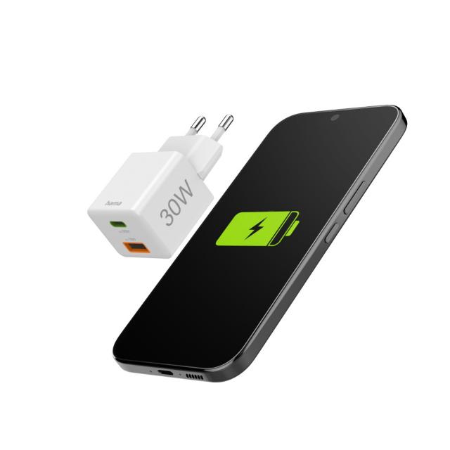 HAMA Бързо мини Gan зарядно, 30 W, 1x USB-C, 1x USB-A, PD, бял 