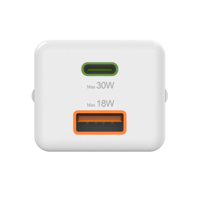 HAMA Бързо мини Gan зарядно, 30 W, 1x USB-C, 1x USB-A, PD, бял 