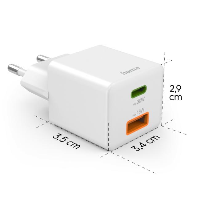 HAMA Бързо мини Gan зарядно, 30 W, 1x USB-C, 1x USB-A, PD, бял 