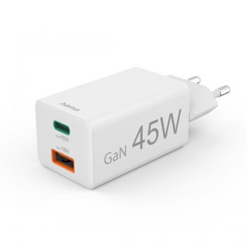 Hama Fast Charger, 1x USB-C, 1x USB-A, Mini Charger, PD, 45 W, white