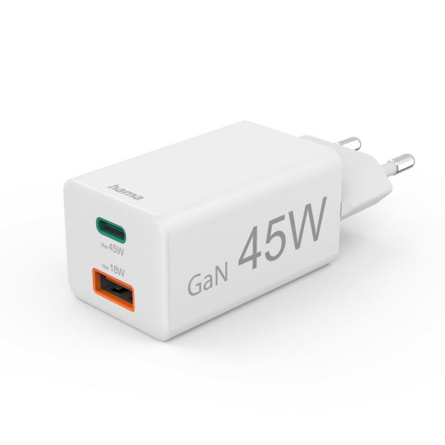 Hama Fast Charger, 1x USB-C, 1x USB-A, Mini Charger, PD, 45 W, white 