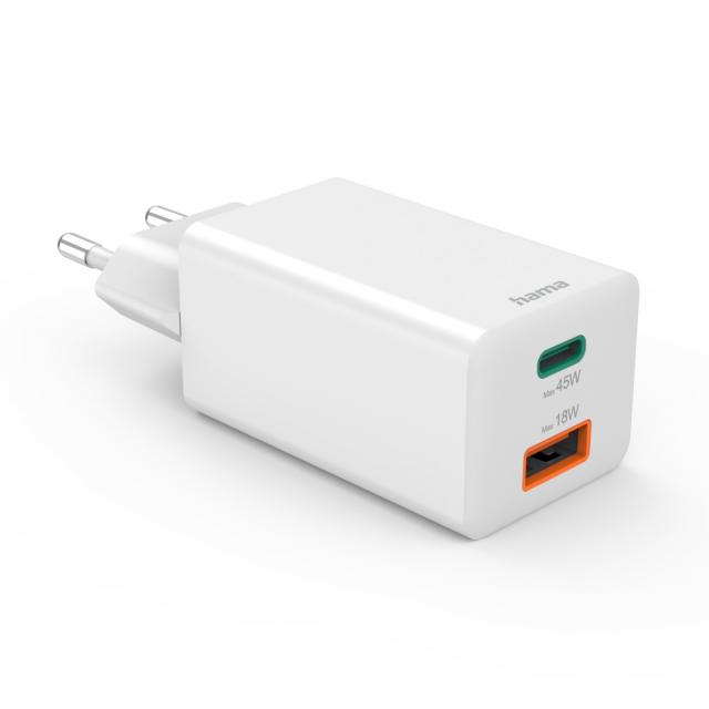 Hama Fast Charger, 1x USB-C, 1x USB-A, Mini Charger, PD, 45 W, white 