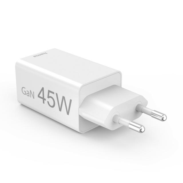 Hama Fast Charger, 1x USB-C, 1x USB-A, Mini Charger, PD, 45 W, white 