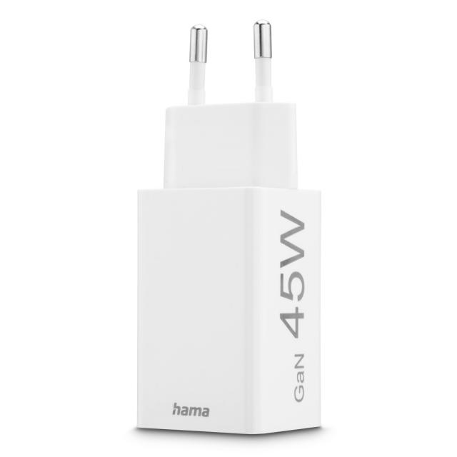 Hama Fast Charger, 1x USB-C, 1x USB-A, Mini Charger, PD, 45 W, white 