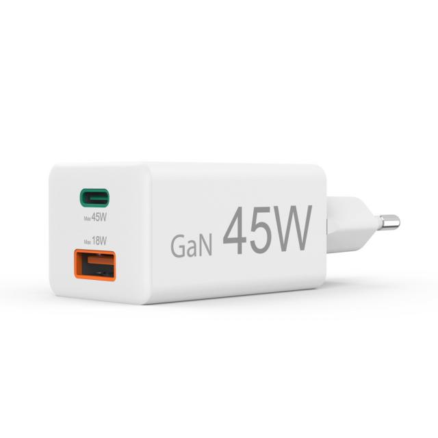 Hama Fast Charger, 1x USB-C, 1x USB-A, Mini Charger, PD, 45 W, white 