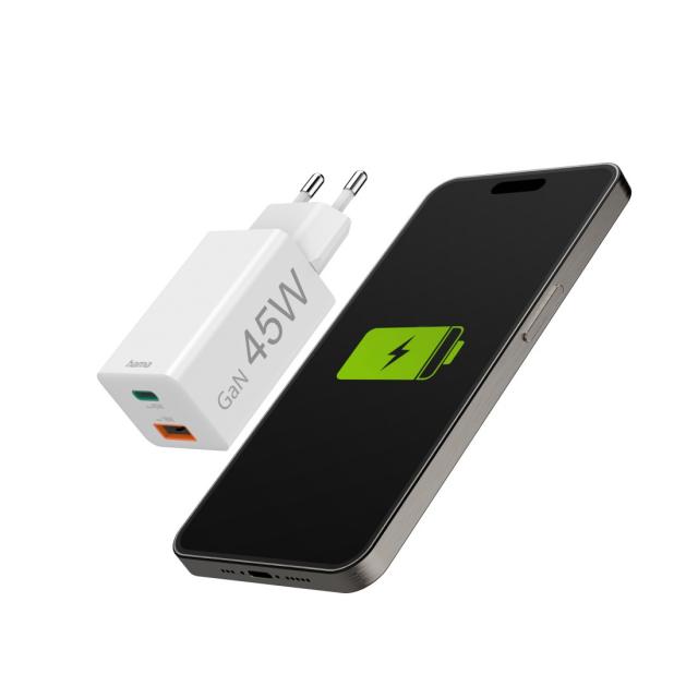 Hama Fast Charger, 1x USB-C, 1x USB-A, Mini Charger, PD, 45 W, white 