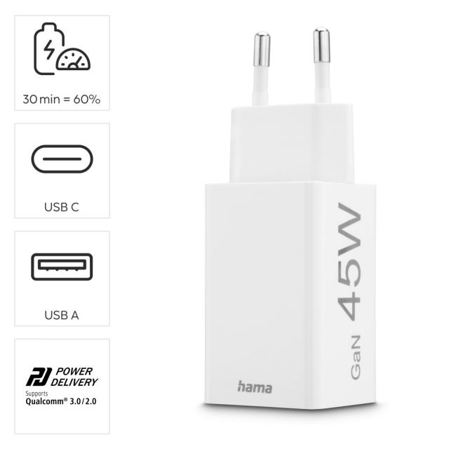 Hama Fast Charger, 1x USB-C, 1x USB-A, Mini Charger, PD, 45 W, white 
