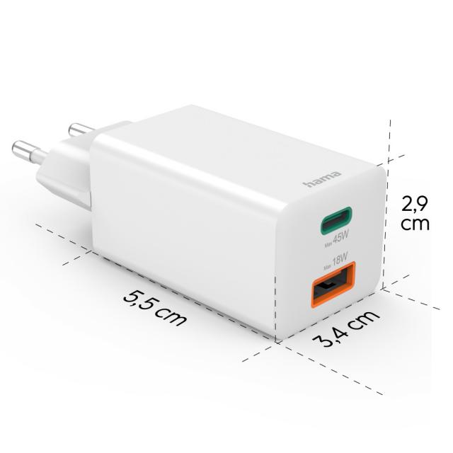 Hama Fast Charger, 1x USB-C, 1x USB-A, Mini Charger, PD, 45 W, white 