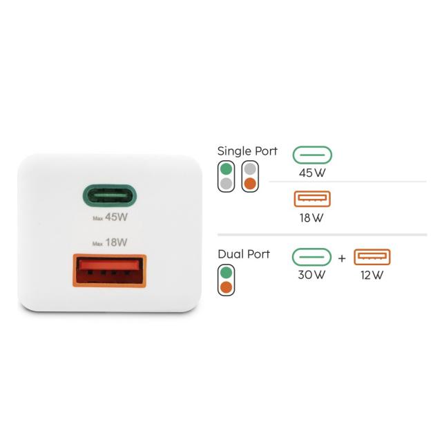 Hama Fast Charger, 1x USB-C, 1x USB-A, Mini Charger, PD, 45 W, white 
