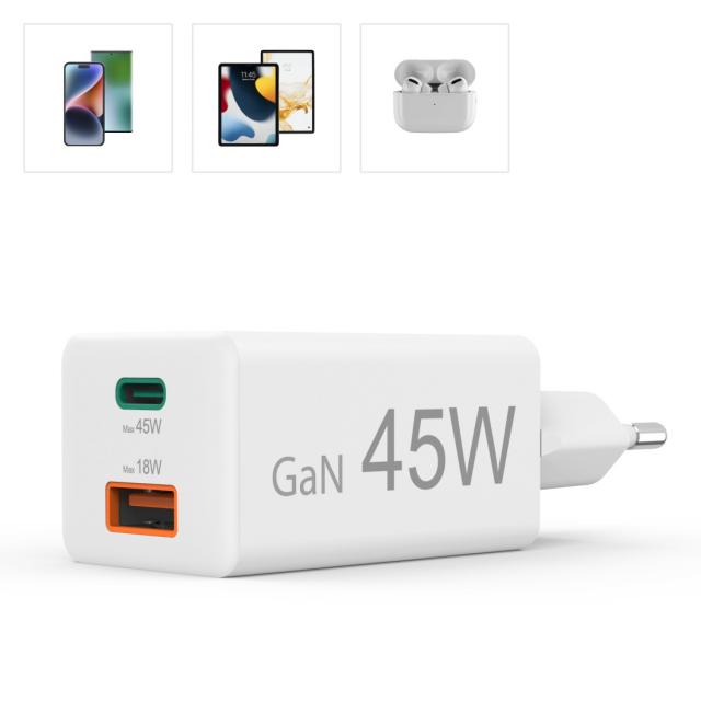 Hama Fast Charger, 1x USB-C, 1x USB-A, Mini Charger, PD, 45 W, white 