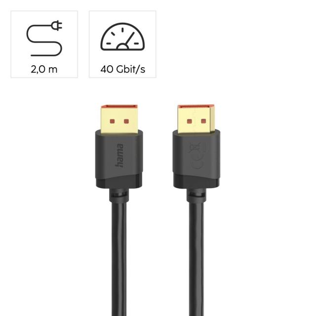 HAMA Кабел DisplayPort, DP 2.1, Ultra-HD 8K, 40 Gbit/s, 2 м 
