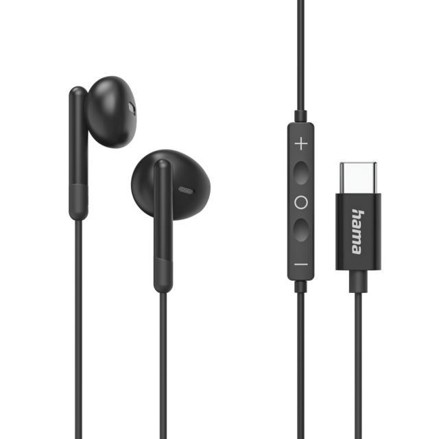 HAMA Слушалки "Classy", USB-C, накрайници, микрофон, защита от прегъване на кабела, черни 