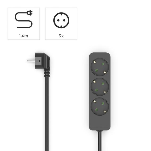 Hama 3-Way Power Strip, with Incr. Touch Protect., 1.4 m, black 