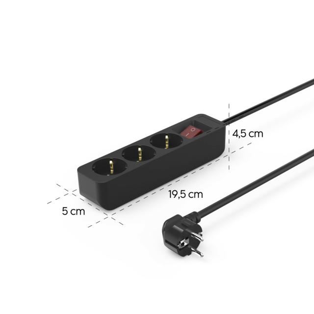 Hama Power Strip, 3-Way, with Switch, 1.4 m, black 