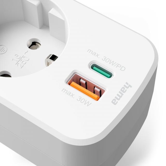 HAMA 3-мултипортов контакт, 1 x USB-C PD, 1 x USB-A, 1 x Шуко контакт, 30W PD 