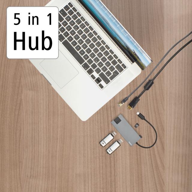 USB-C хъб, 5-портов, 2 x USB-A, 1 x USB-C, 1 x HDMI, 1х LAN, Сив 