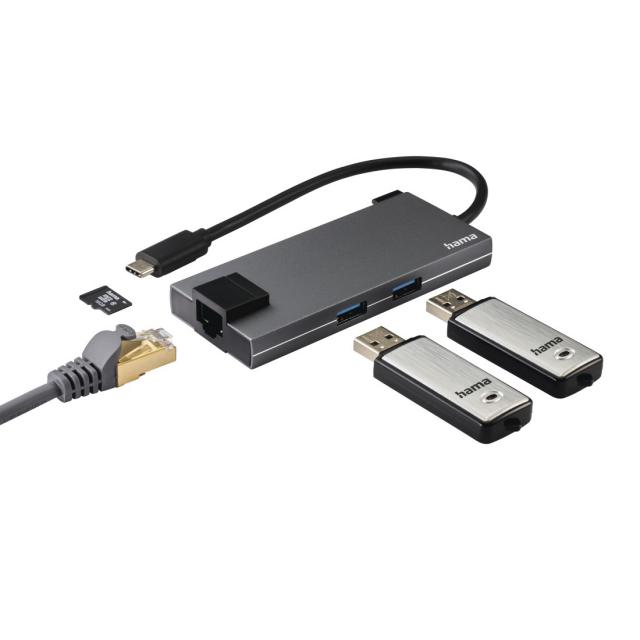 USB-C хъб, 5-портов, 2 x USB-A, 1 x USB-C, 1 x HDMI, 1х LAN, Сив 