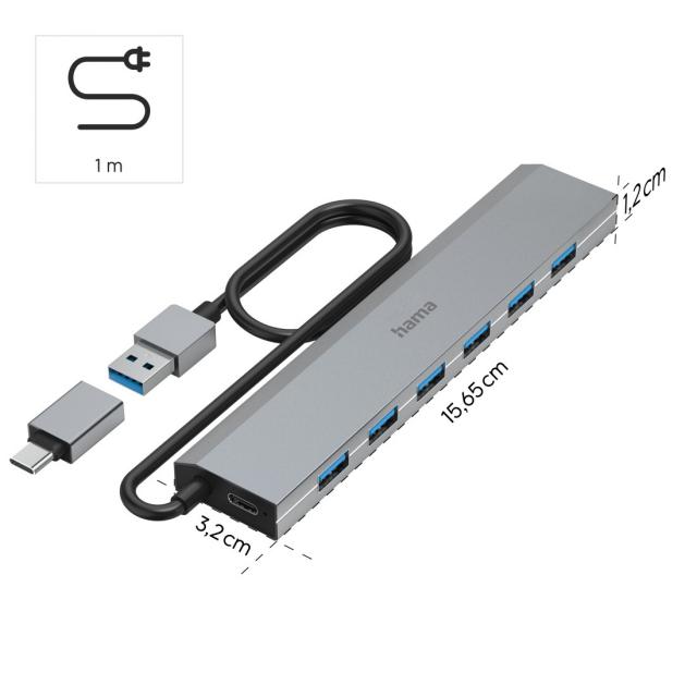 HAMA USB Hub, 7 Ports, USB 3.2 Gen 1, 5 Gbit/s, incl. USB-C Adapter and PSU 