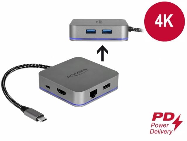 Докинг станция Delock, USB-A, USB-C, HDMI, Gigabit LAN, PD, Подсветка, Сива 