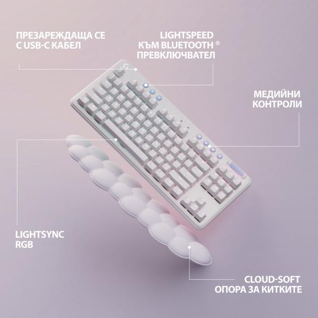 Безжична геймърска механична клавиатура Logitech G G715, TKL, Tactile, RGB LED, US Layout, бяла 