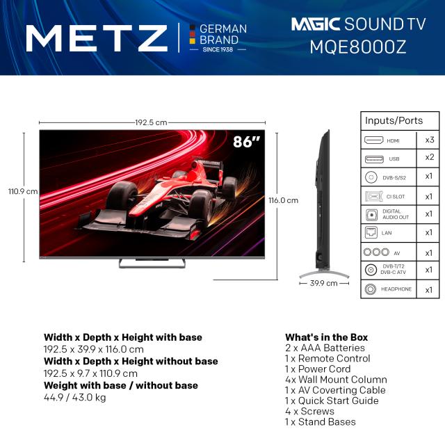 METZ QLED TV 86MQE8000Z, 86"(217 см), QLED, Google TV, 4K/UND, 144Hz 