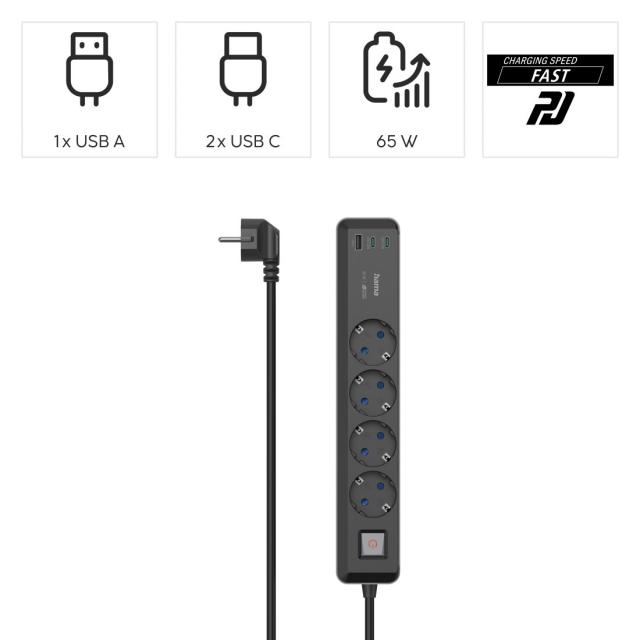 Разклонител, 4-гнезда, USB-C/A 65 W, PD, HAMA-223189 